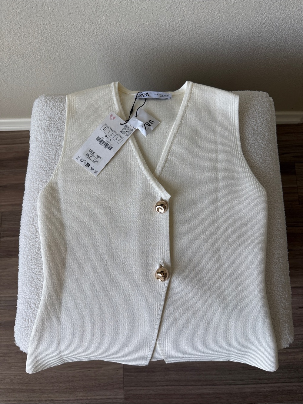 Zara Ivory Knit Button Vest with Gold Hardware
